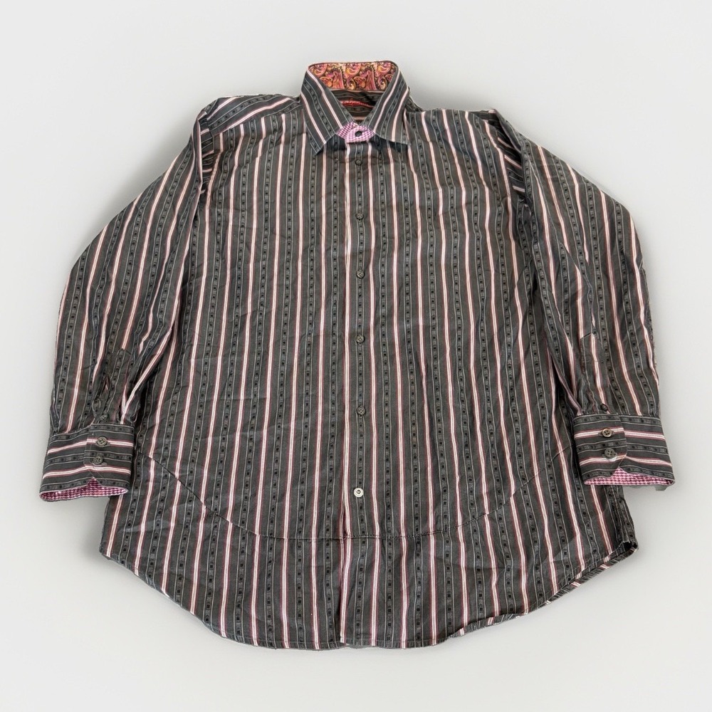 Robert Graham Men's L Long Sleeve Gray Pink Striped Flip Cuff Abstract Colorful